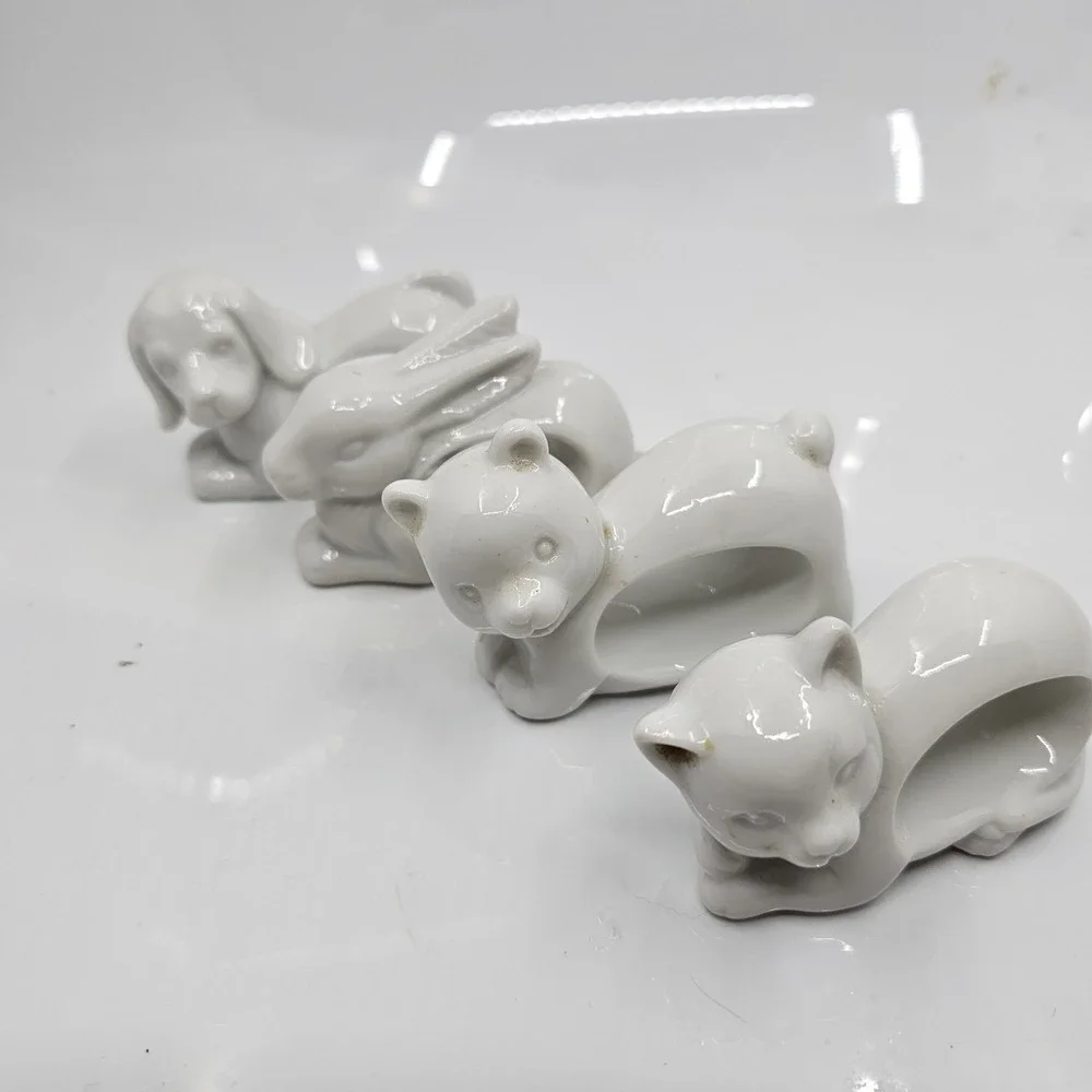 VTG FIGURAL CERAMIC PET ANIMAL NAPKIN‎ RINGS CAT/DOG/BEAR/RABBIT JAPAN EXCELLENT